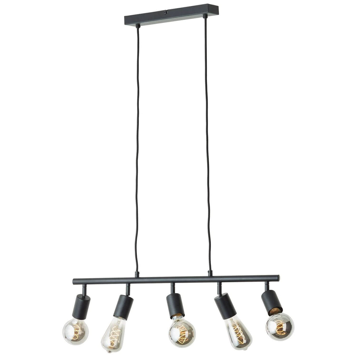 Vue de face de la suspension noire avec cinq douilles orientables et ampoules inclinées.