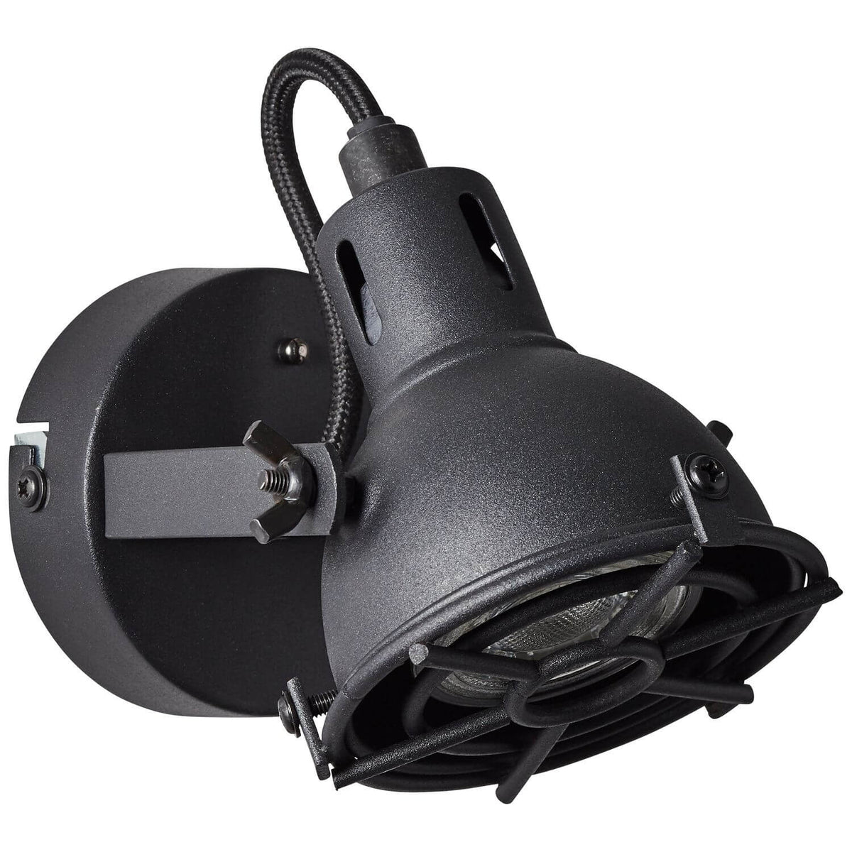 Autre vue du luminaire noir, support articulé et vis de réglage visibles.