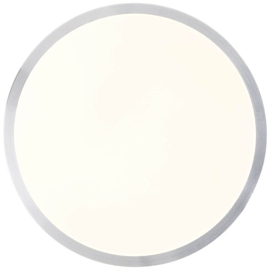 Vue de face du plafonnier circulaire avec finition nickel et verre opalin.