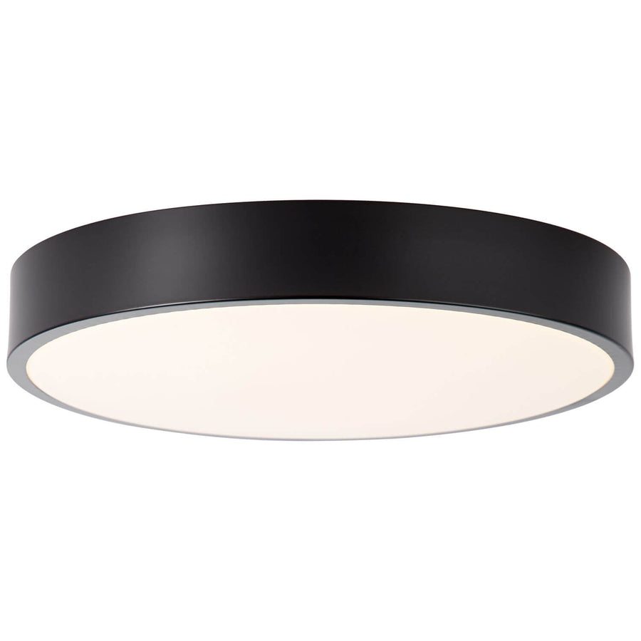 Plafonnier rond noir vu de face sur fond blanc, diffuseur blanc laiteux
