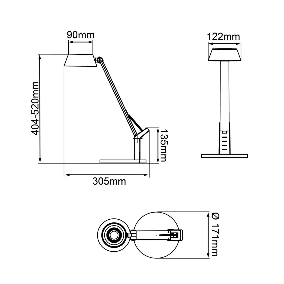 Schéma technique coté de la lampe avec dimensions en millimètres