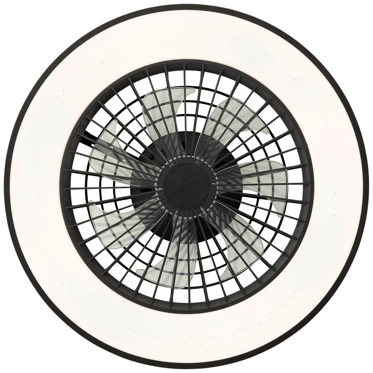 Vue de dessous en lumière blanche, pales transparentes derrière la grille circulaire
