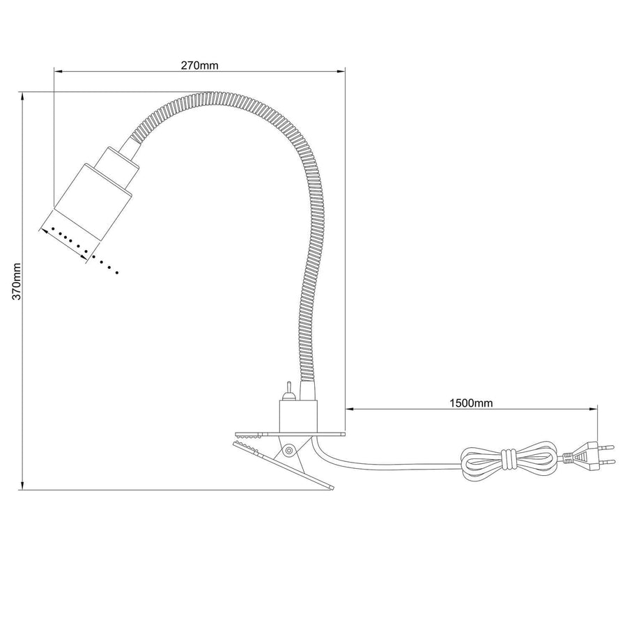 Schéma coté de la lampe avec pince, col flexible et longueur de câble