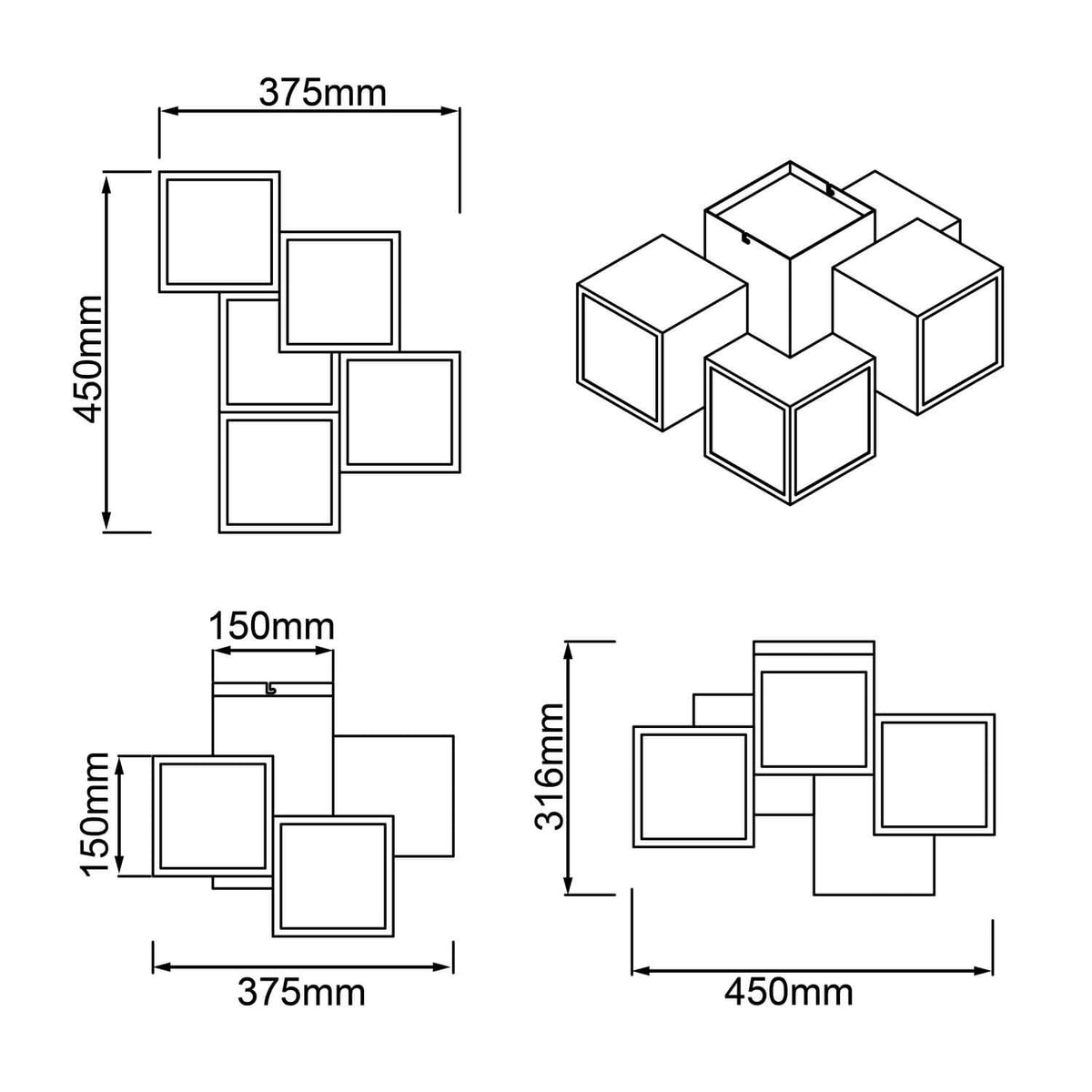 Schéma coté du plafonnier avec dimensions en millimètres et vue en perspective