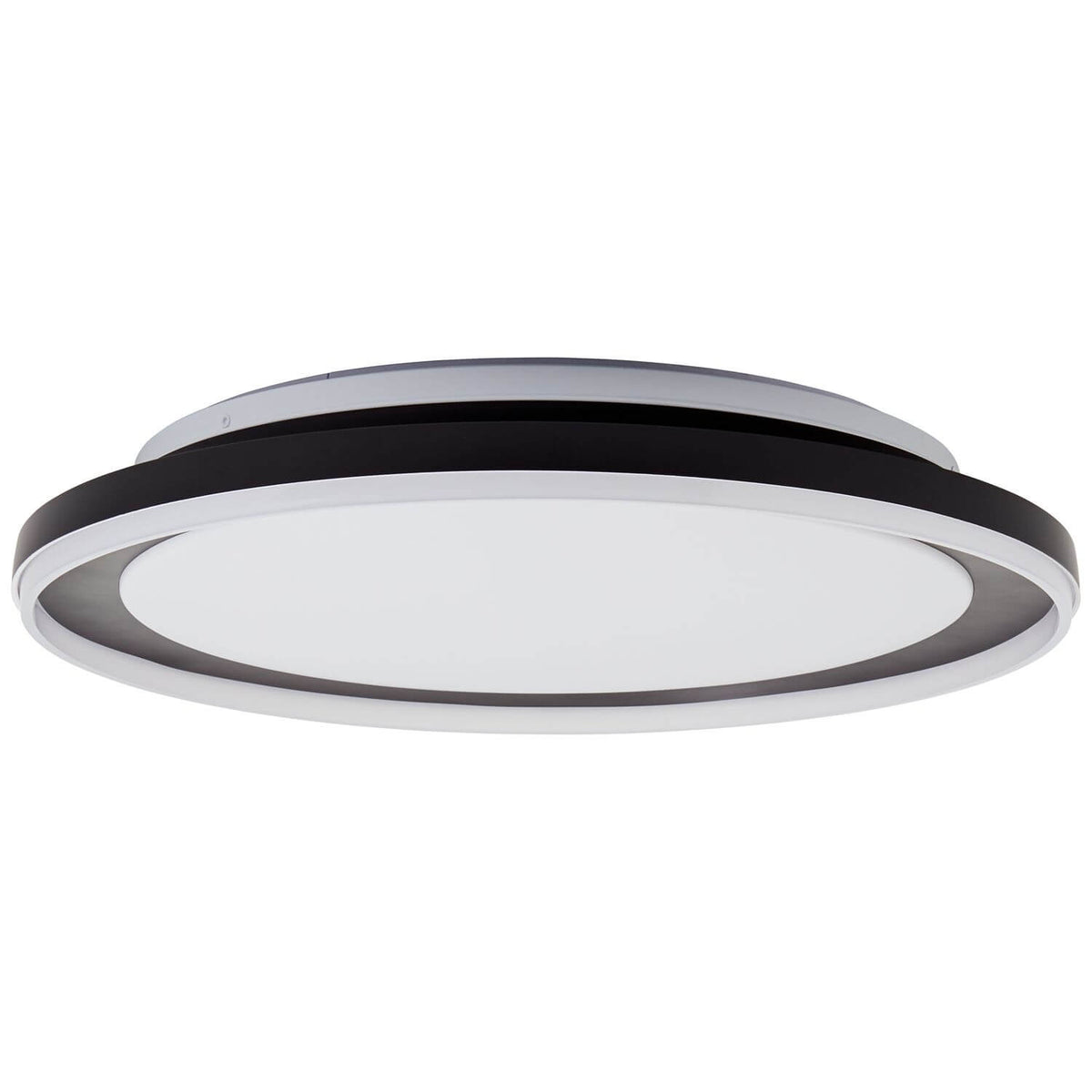 Vue de face du plafonnier éteint, cerclage noir et diffuseur blanc opaque
