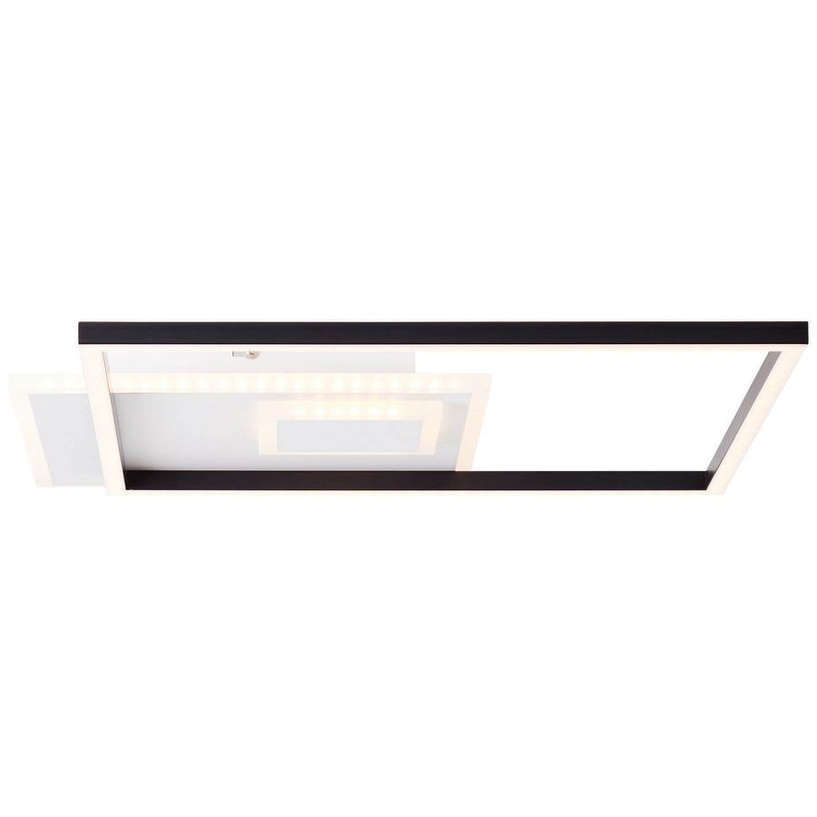 Vue de dessous du plafonnier rectangulaire allumé, cadre noir et blanc sur fond neutre.