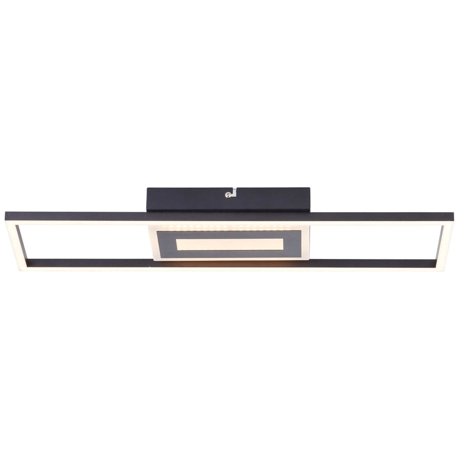 Plafonnier allumé de face, lumière LED chaude diffusée par le cadre et le centre.