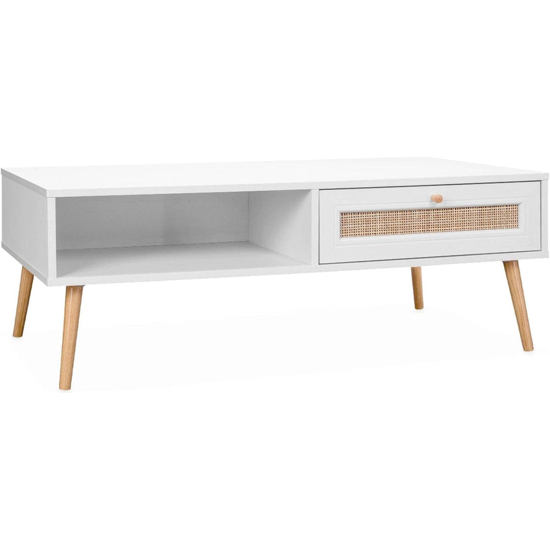 Alice'S Home - Table Basse En Cannage 110X59X39Cm - Bohème - Blanc. 1 Tiroir. 1 Espace De Rangement. Pieds Scandinaves | Designix - Amazon    - https://designix.fr/