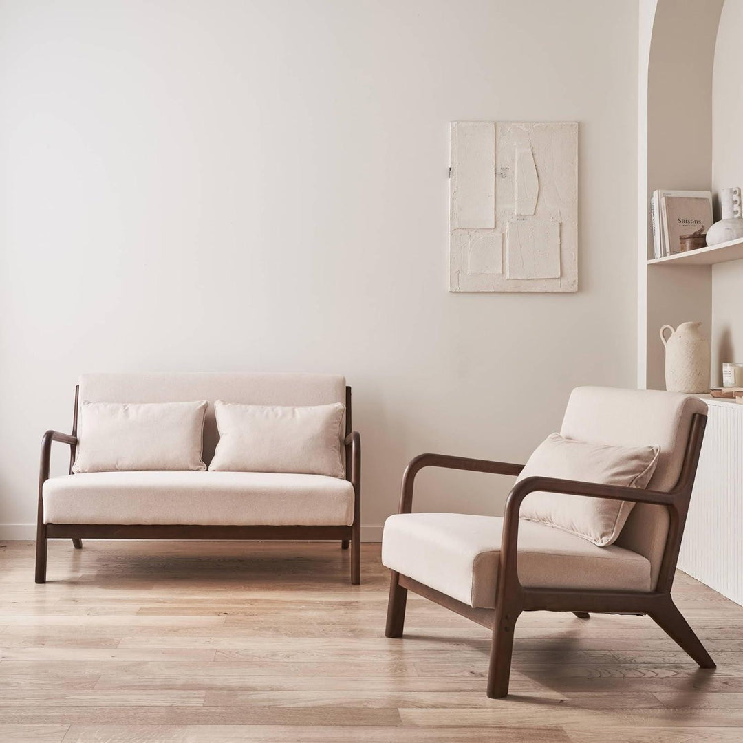 Alice'S Home - Banquette 2 Places + Fauteuil En Bois Et Tissu Beige. Bois D'Hévéa Teinté Noyer Clair | Designix - Amazon    - https://designix.fr/