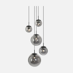 Suspension boules verre fumé noir 5 globes, vide & grande hauteur Ø60 | Bollia