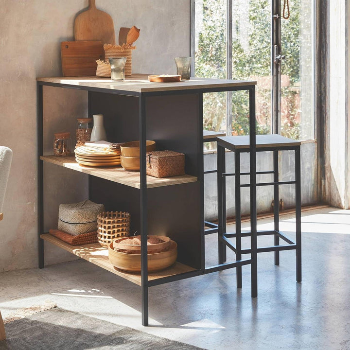 Alice'S Home - Table Haute Deux Tabourets Et Deux Étagères Décor Bois Et Métal. Loft. L 100 X P 60 X H 95Cm | Designix - Amazon    - https://designix.fr/