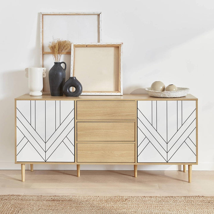 Alice'S Home - Buffet De Rangement Décor Bois Et Blanc - Mika - 2 Niveaux. 2 Portes. 3 Tiroirs. L 160 X L 40 X H 74Cm | Designix - Amazon    - https://designix.fr/