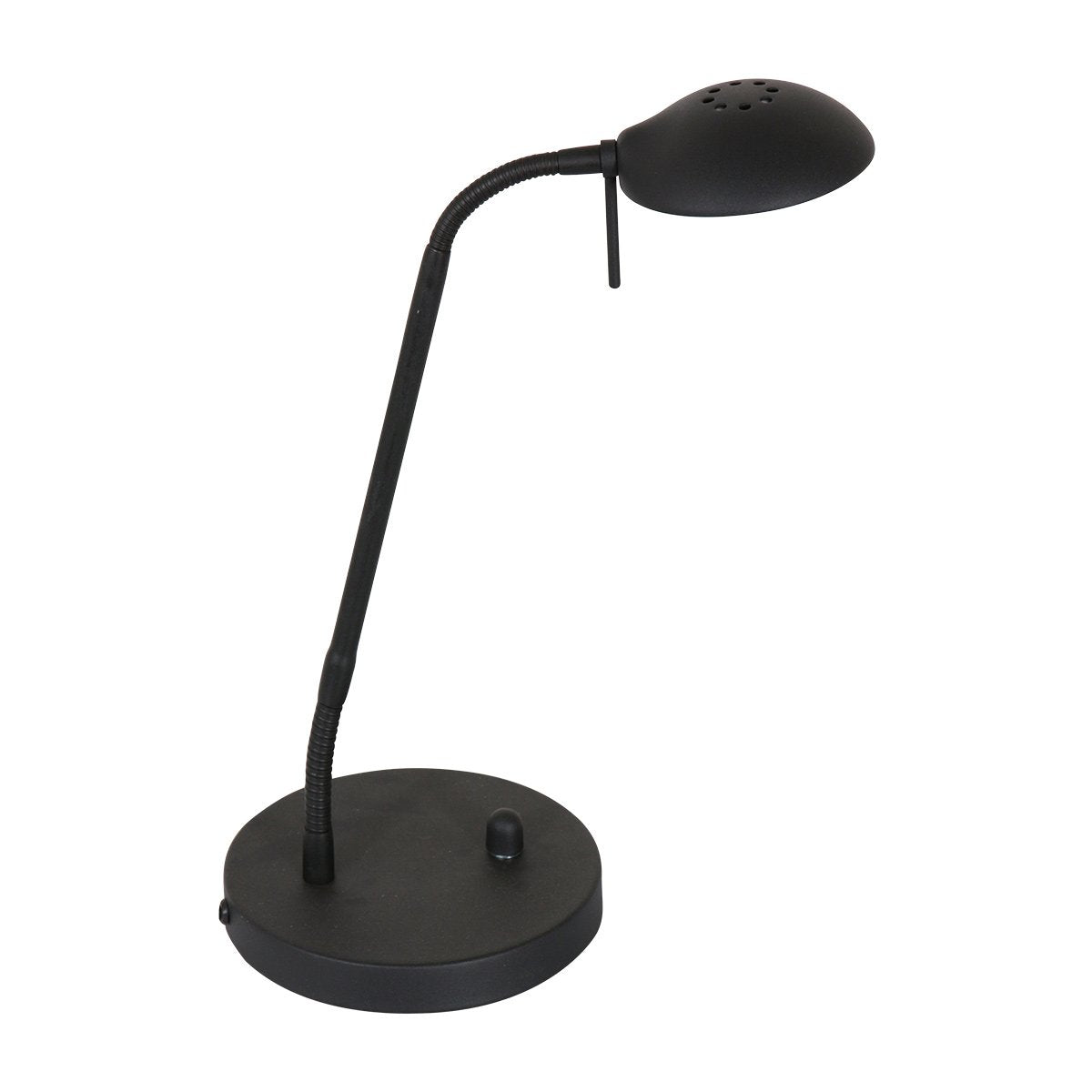 Vue de trois quarts du luminaire, abat-jour noir incliné au-dessus de la base circulaire