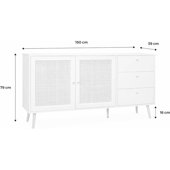 Alice'S Home - Buffet De Rangement Blanc En Cannage 2 Portes 3 Tiroirs L150 X L39 X H79Cm - Bohème | Designix - Amazon    - https://designix.fr/