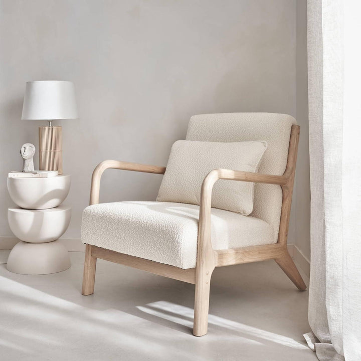 Alice'S Home - Fauteuil À Bouclettes Blanches Texturées. Bois Et Tissu. 1 Place Droit Fixe. Pieds Compas Scandinave. Structure En Bois Solide | Designix - Amazon    - https://designix.fr/