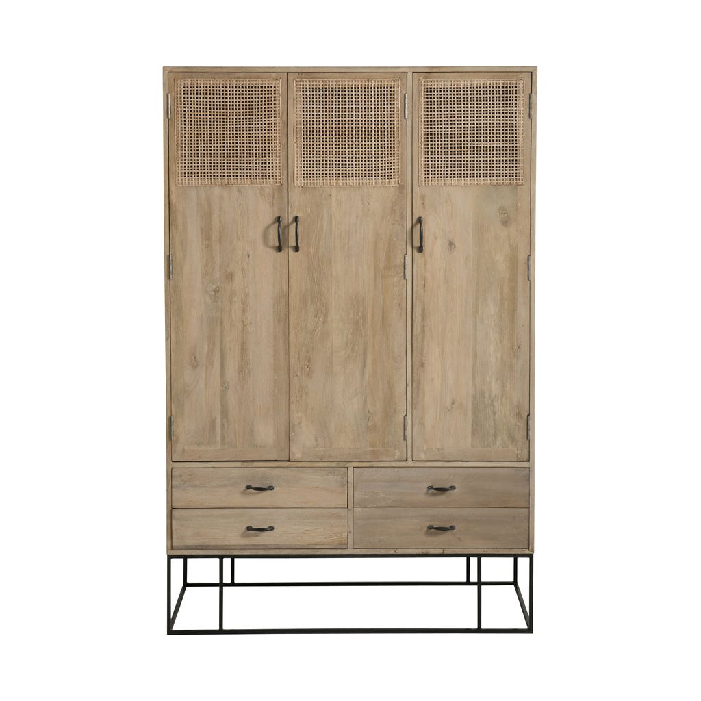 Armoire 3 portes + 4 tiroirs en bois de manguier tressé en rotin naturel | Designix -     - https://designix.fr