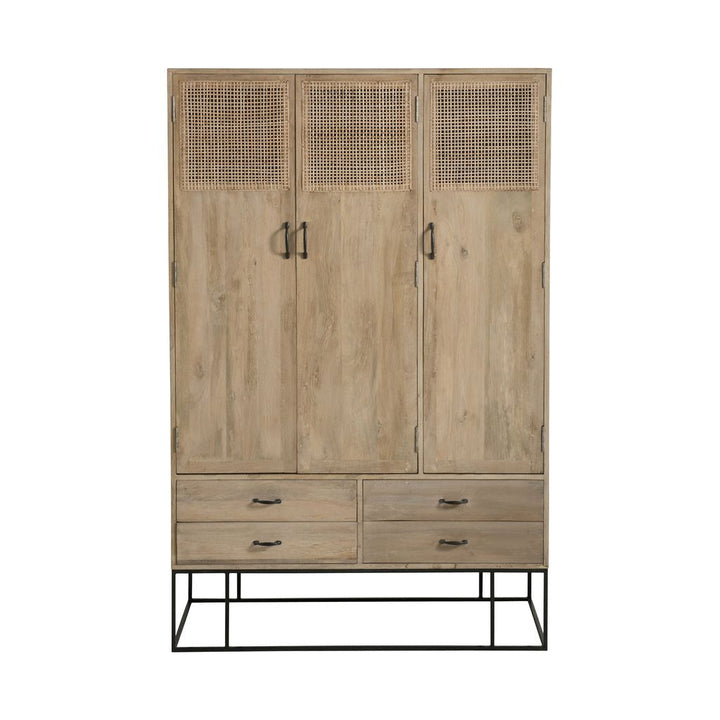 Armoire 3 portes + 4 tiroirs en bois de manguier tressé en rotin naturel | Designix -     - https://designix.fr