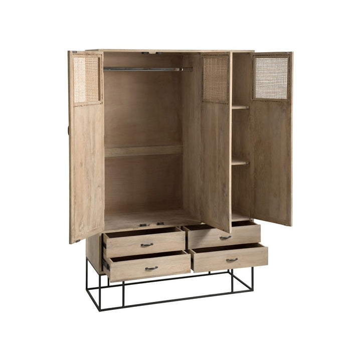 Armoire 3 portes + 4 tiroirs en bois de manguier tressé en rotin naturel | Designix -     - https://designix.fr