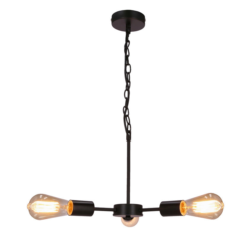 Suspension noire allumée, ampoules à filament diffusant une lumière chaude.