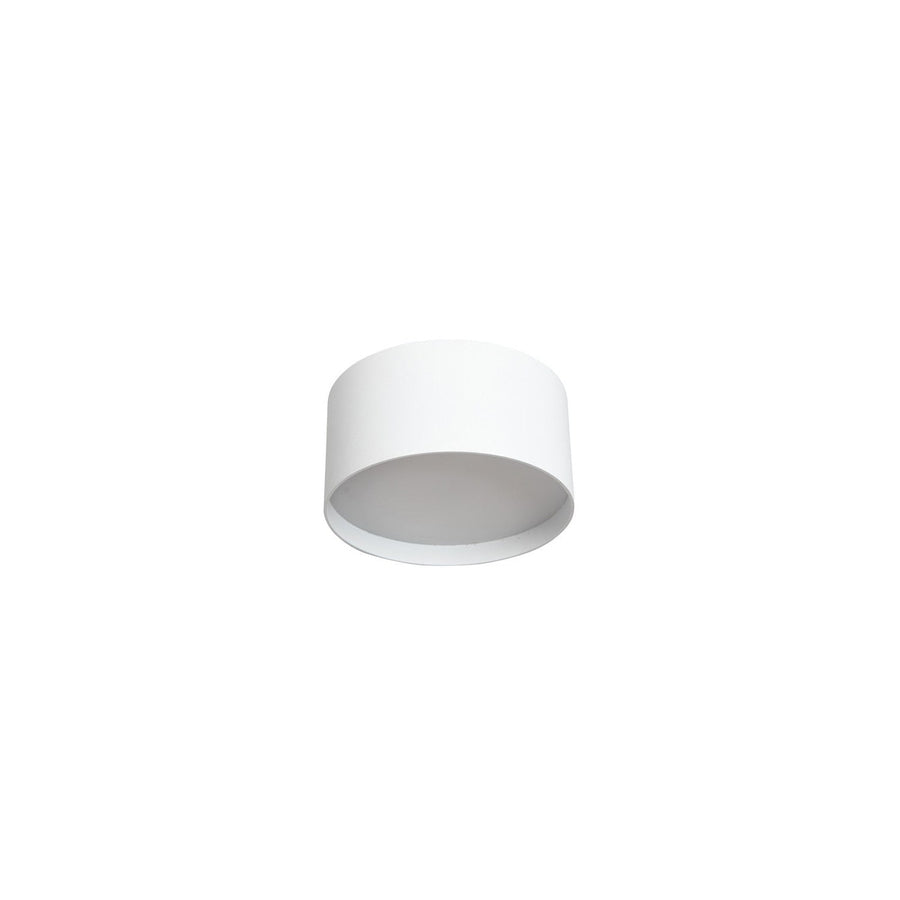 Vue de face du plafonnier blanc cylindrique, corps et diffuseur lumineux visibles.