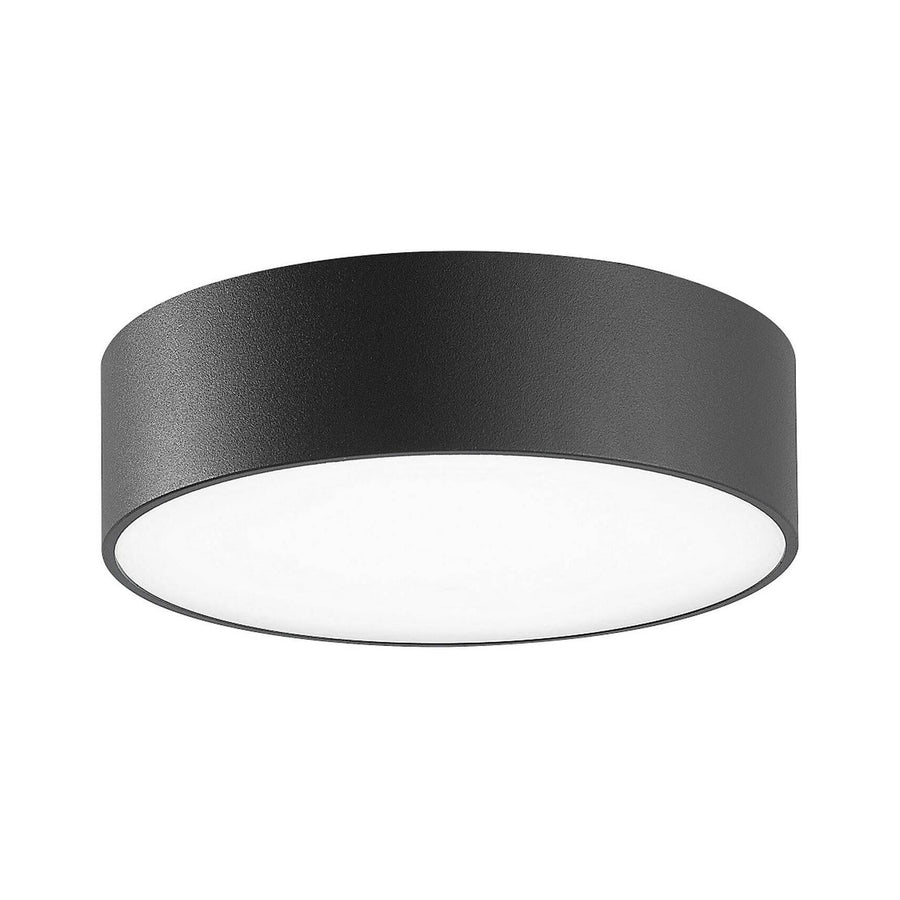 Vue de face en légère plongée du luminaire cylindrique anthracite avec diffuseur blanc.
