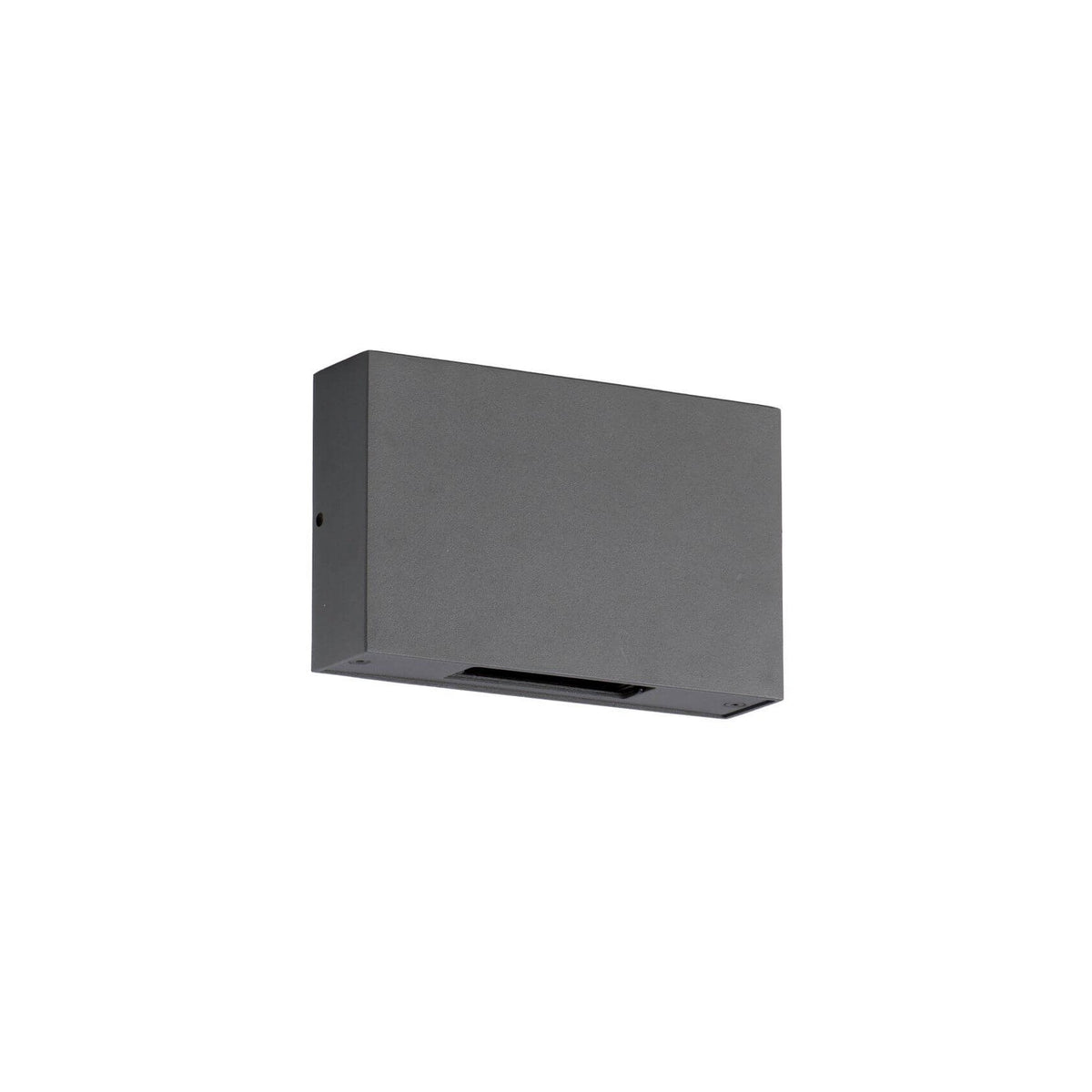 Vue de trois quarts d'une applique murale anthracite rectangulaire avec fente lumineuse basse.