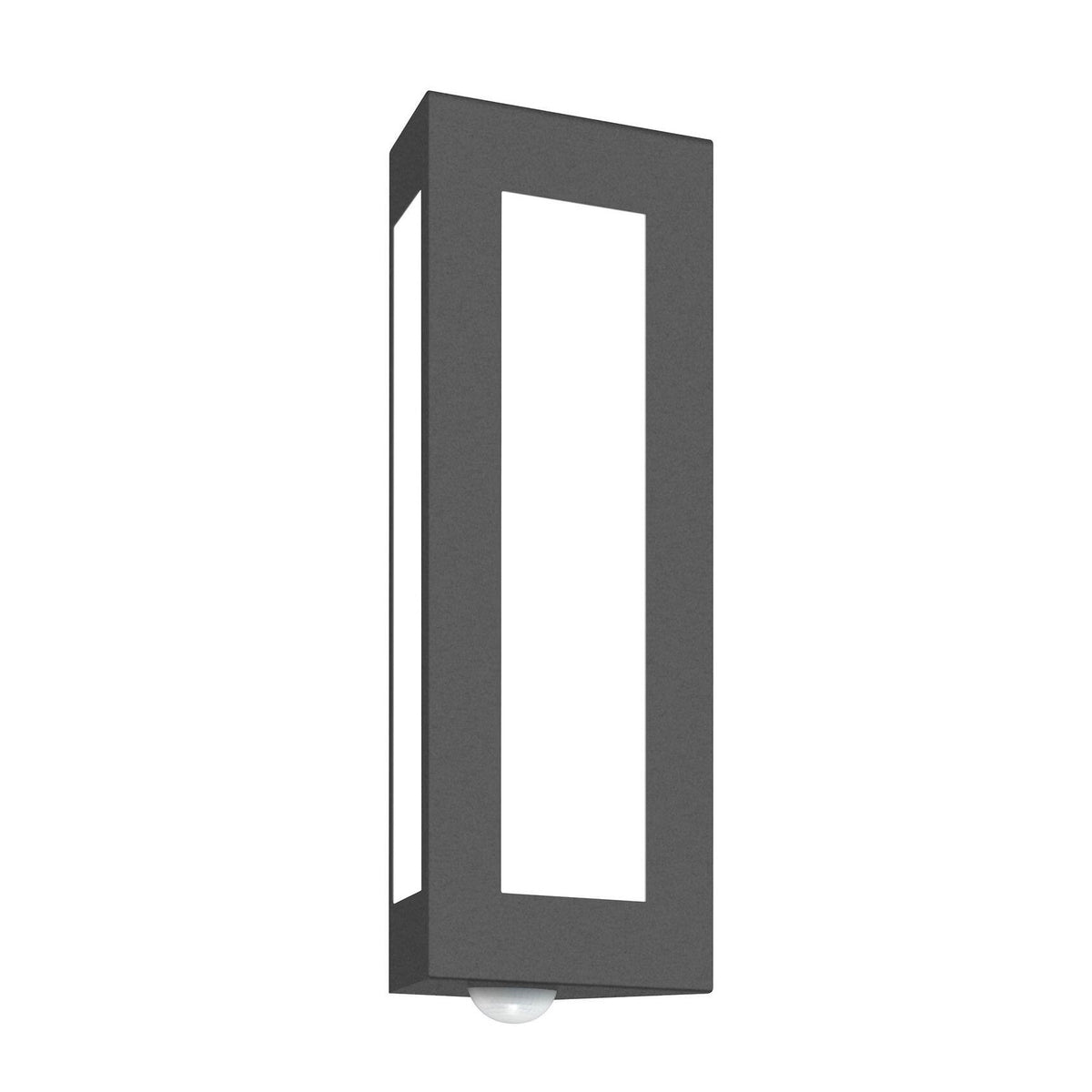 Vue de face de l'applique murale rectangulaire en inox anthracite, diffuseur blanc en bas