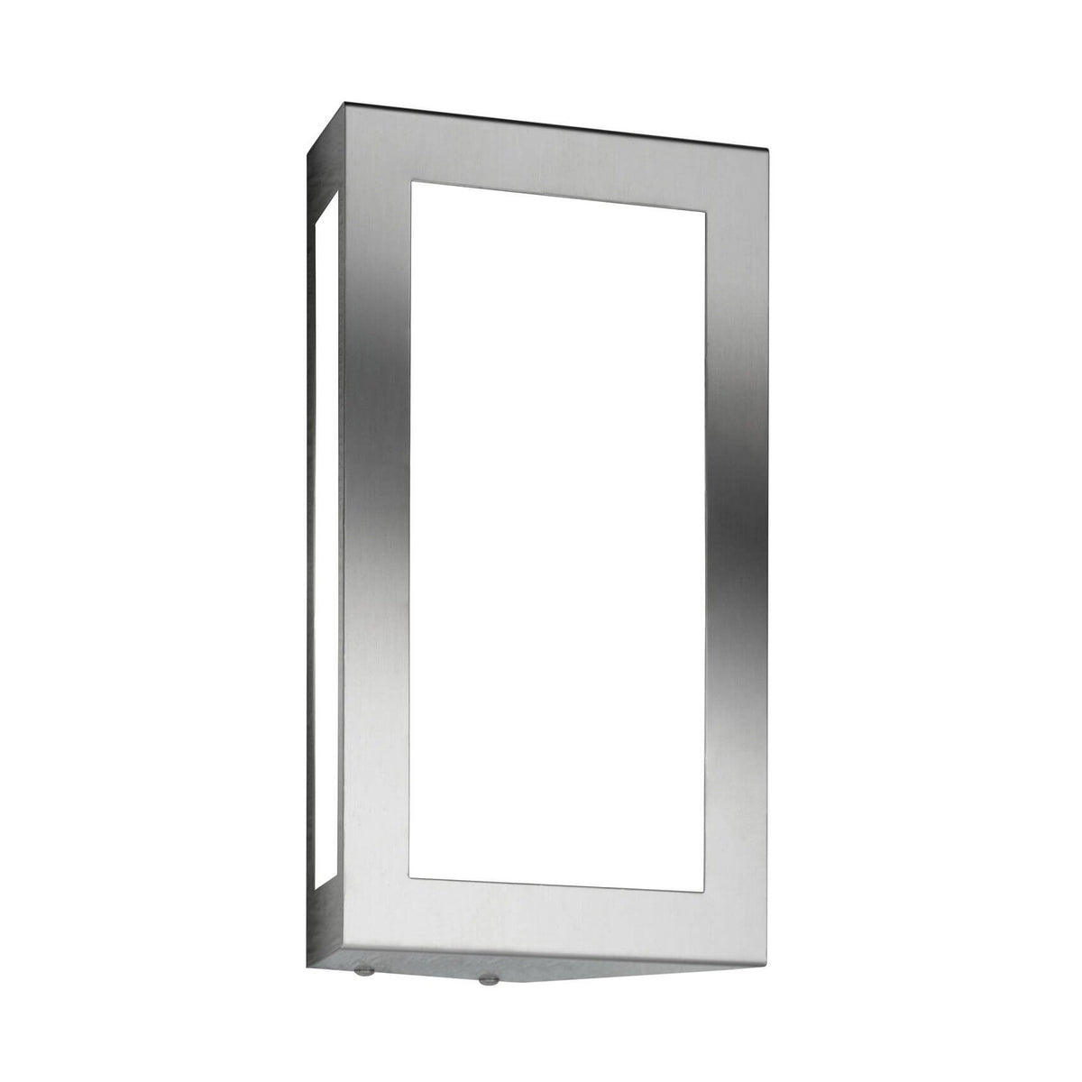 Vue de trois quarts d'une applique murale rectangulaire en inox avec diffuseur blanc.