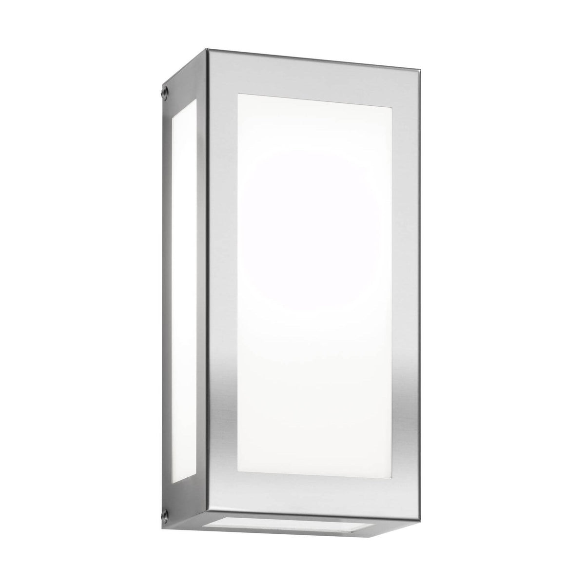 Applique murale extérieure rectangulaire en inox brossé avec diffuseur blanc, vue de trois quarts