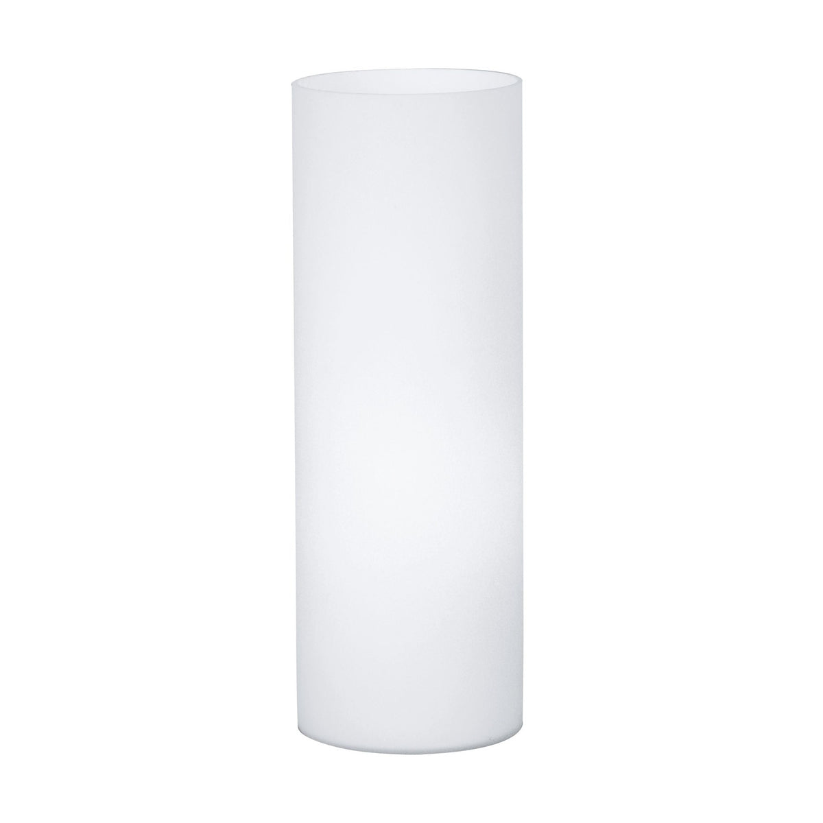Lampe à poser cylindrique blanche en verre dépoli présentée de face sur fond blanc