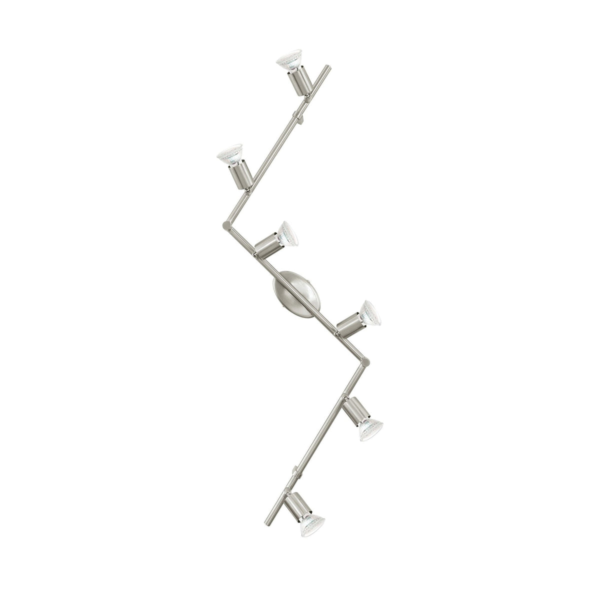 Vue de face du spot à six projecteurs orientables en finition nickel satiné