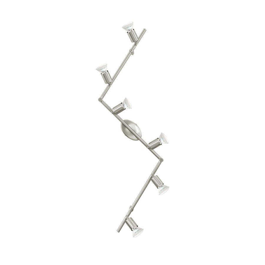Vue de face du spot à six projecteurs orientables en finition nickel satiné