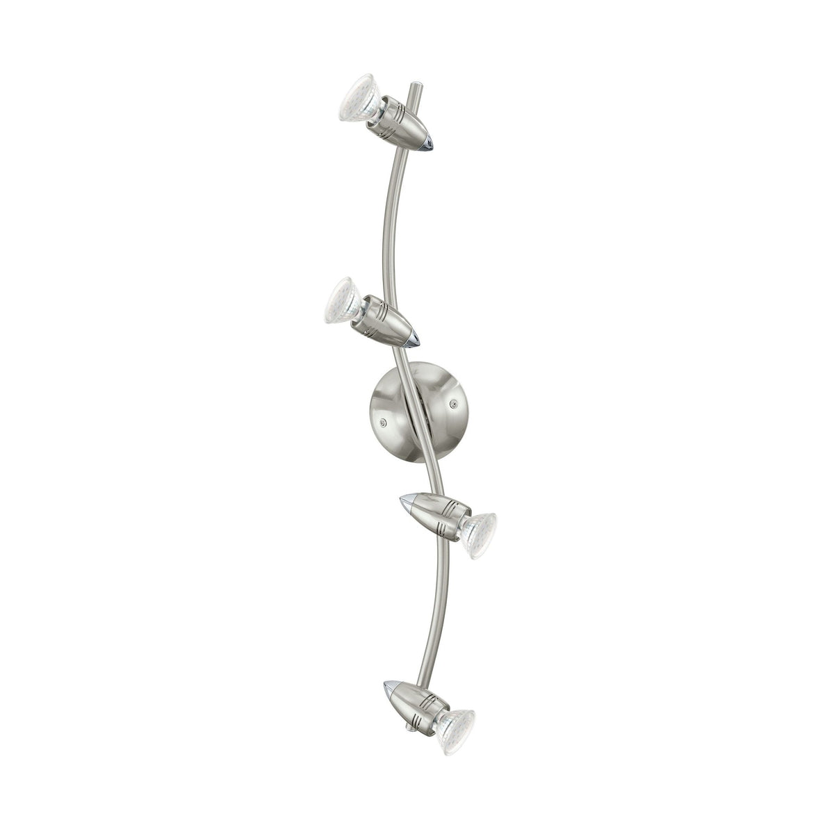 Luminaire vertical en nickel satiné avec quatre spots orientables sur rail courbe.