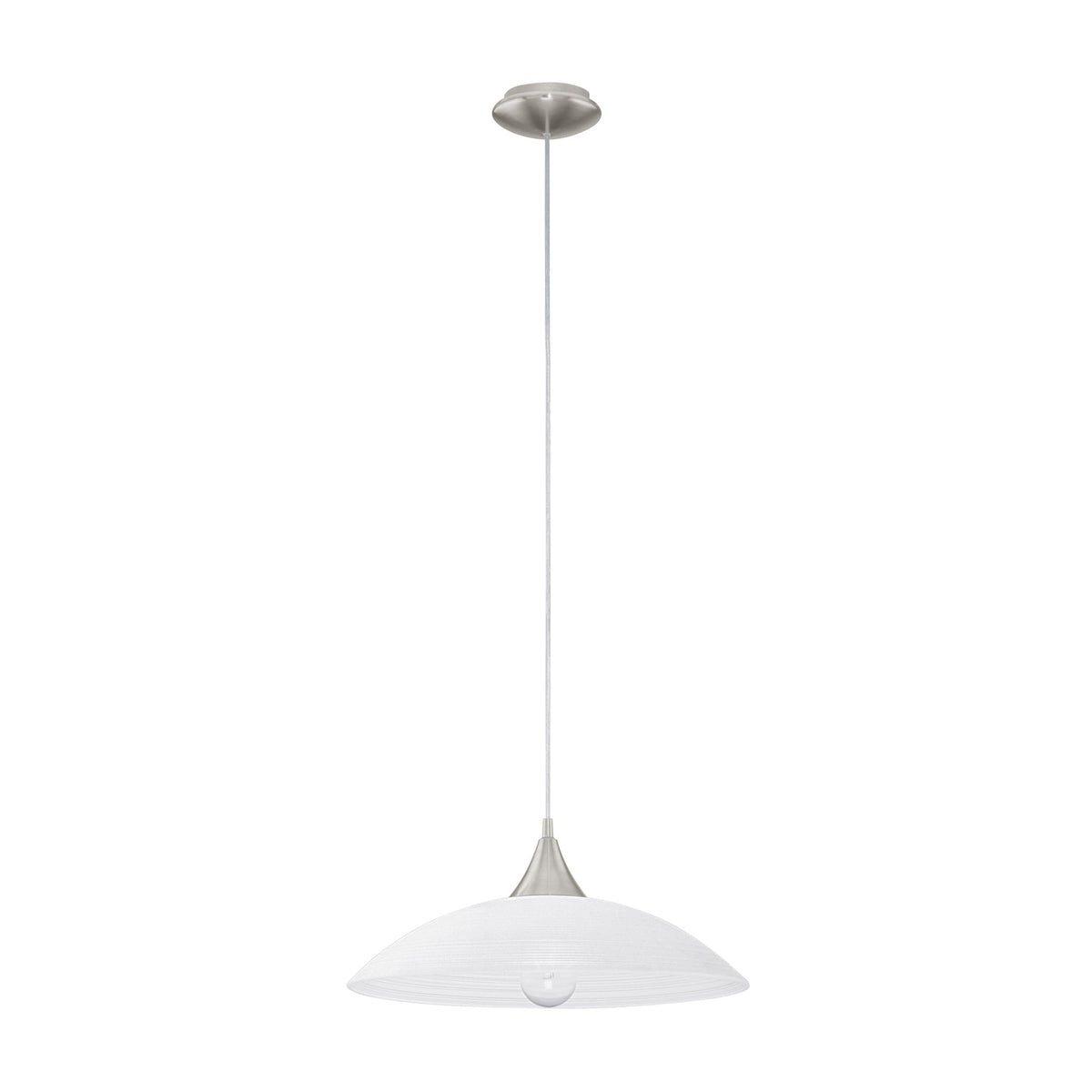 Suspension vue de face sur fond blanc, câble fin et coupole nickel visibles
