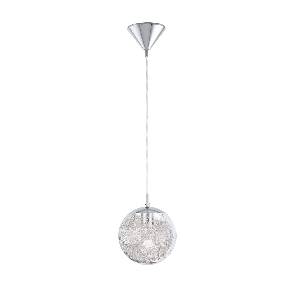 Suspension chromée entière sur fond blanc, sphère transparente et rosace conique