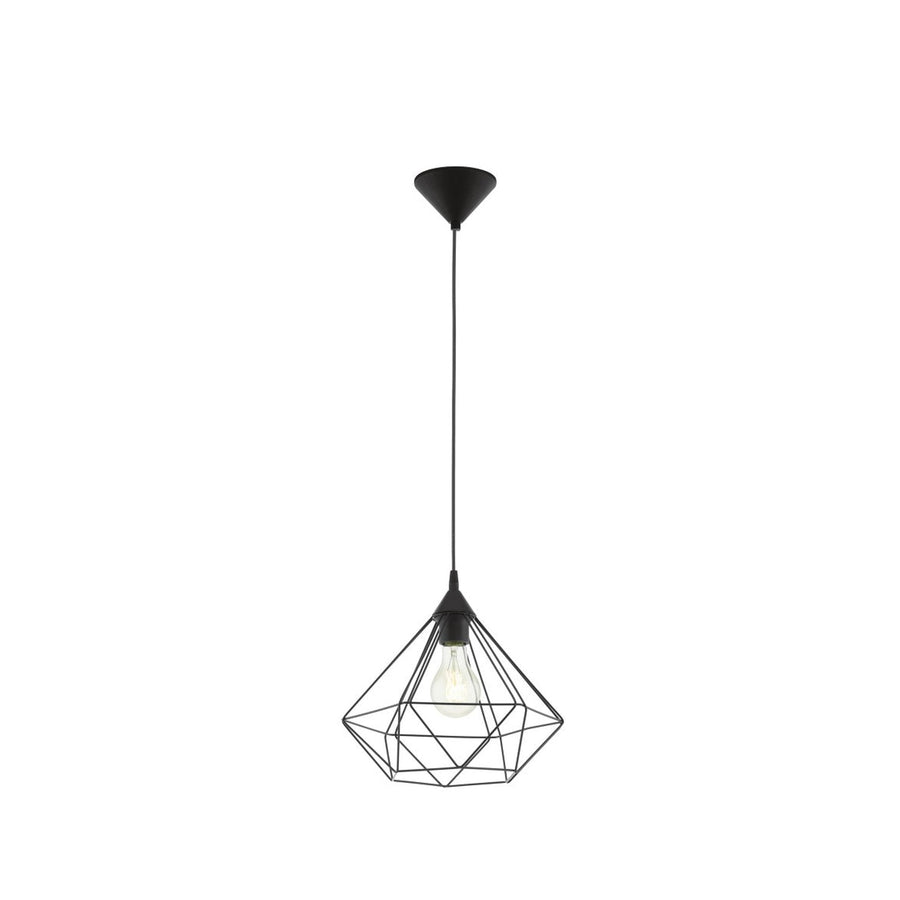 Suspension noire entière sur fond blanc, cage filaire géométrique et ampoule apparente