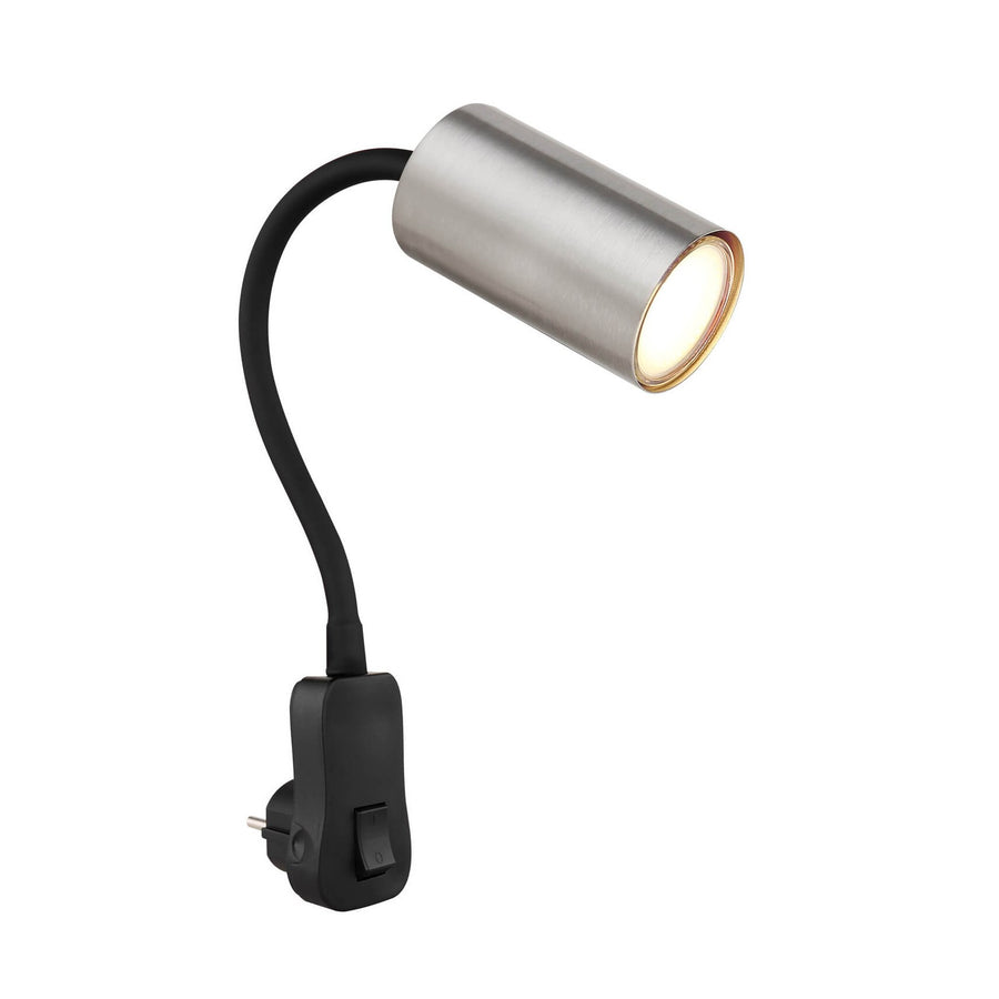 Luminaire mural à bras flexible et tête cylindrique, vue de face sur fond blanc