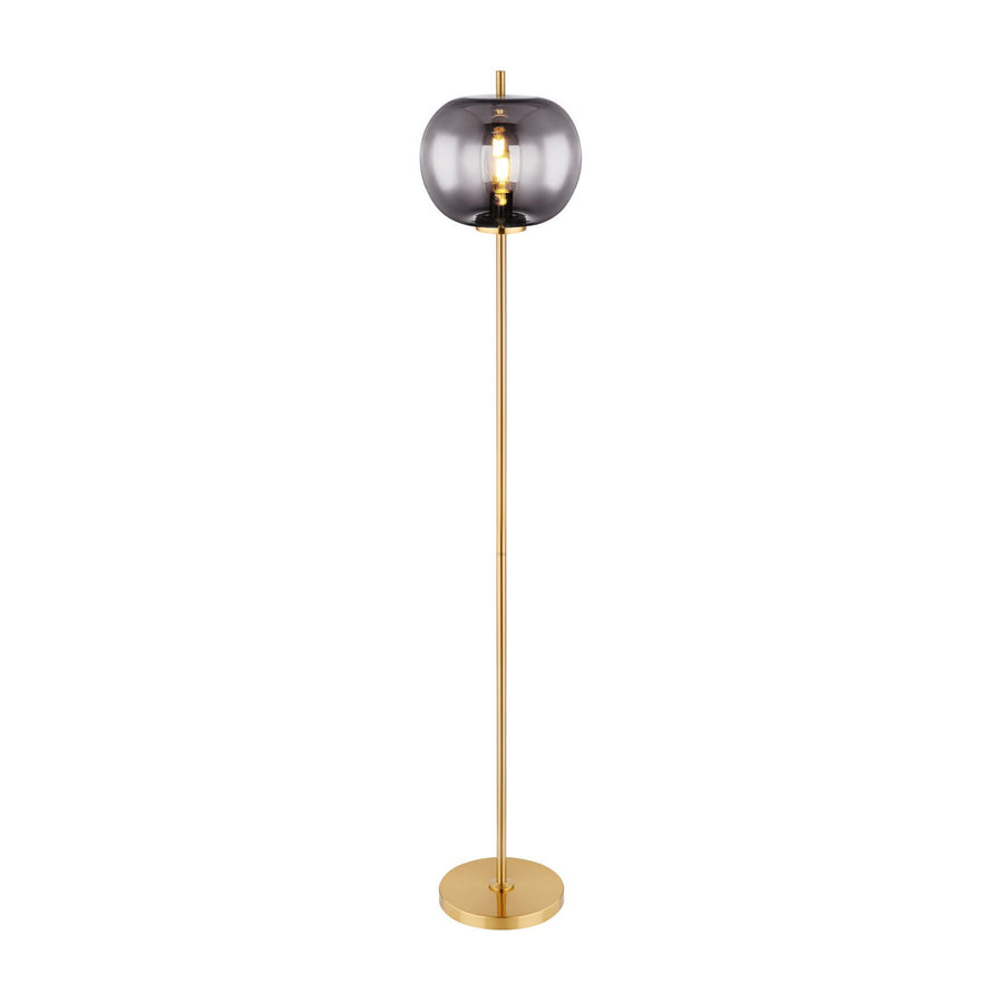 Lampadaire entier de face sur fond blanc, tige dorée et globe de verre fumé.