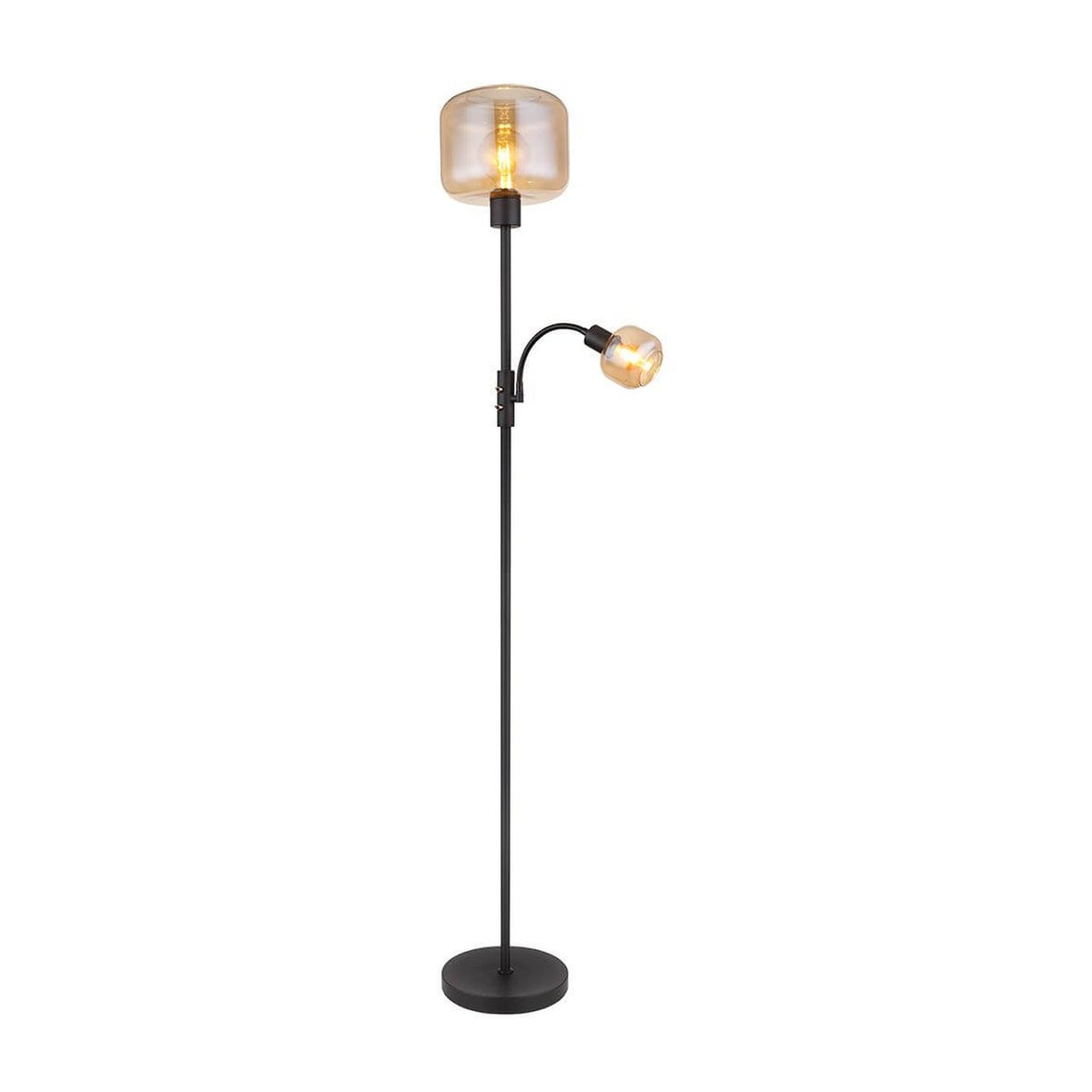 Lampadaire noir mat avec grand abat-jour carré en verre ambré et bras latéral