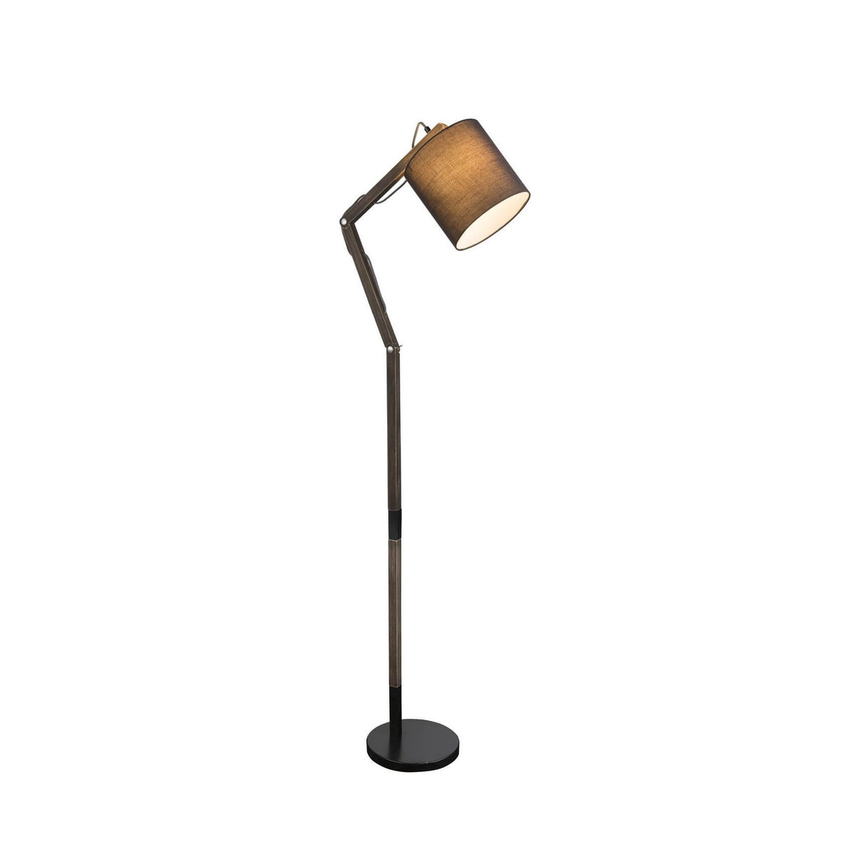 Lampadaire noir articulé de profil sur fond blanc, abat-jour cylindrique incliné vers le bas