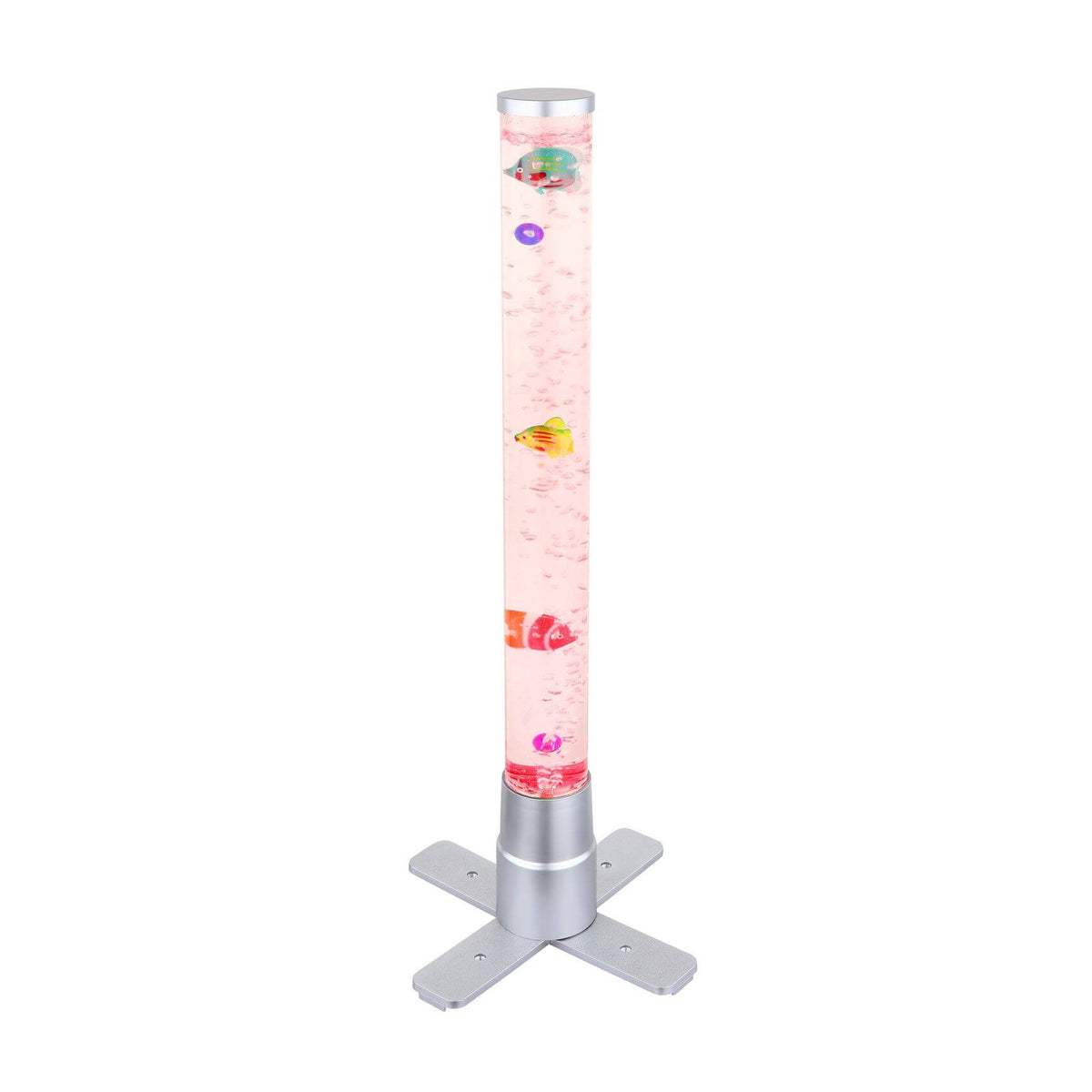 Lampadaire colonne transparente à bulles roses et poissons, vue de face sur fond blanc