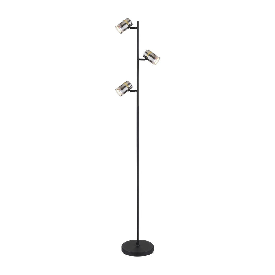 Lampadaire à trois spots cylindriques chromés sur tige noire, vue de face sur fond blanc.