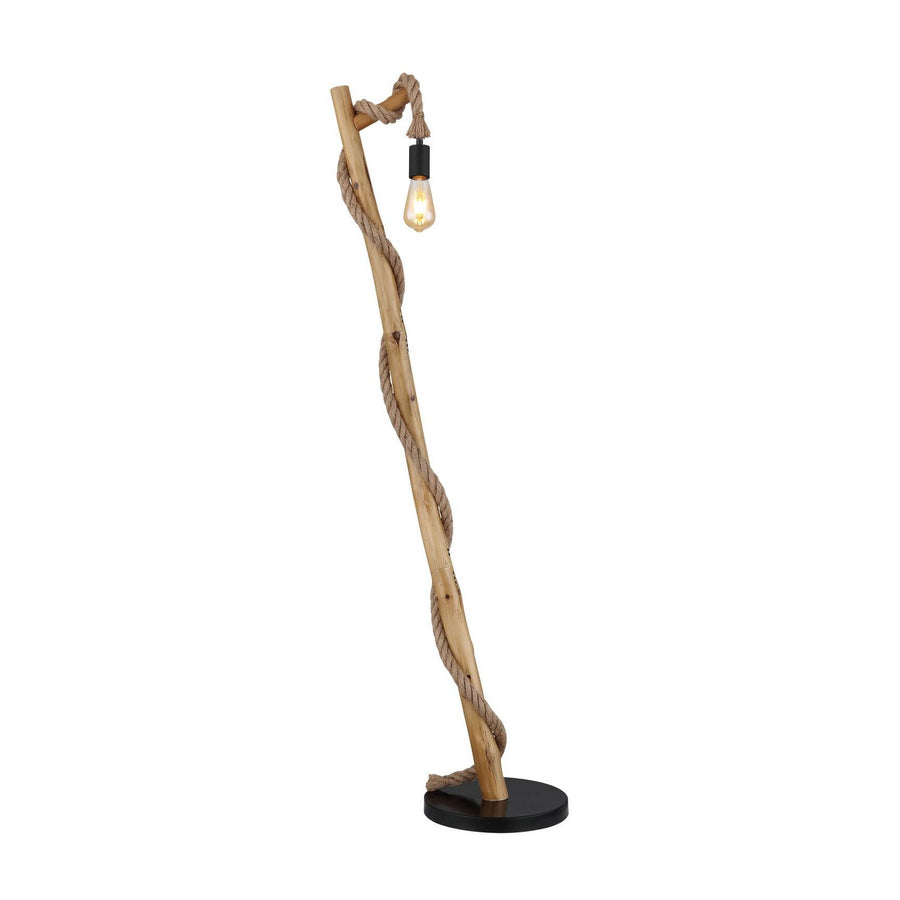 Lampadaire en bois brut torsadé avec corde et ampoule apparente sur fond blanc