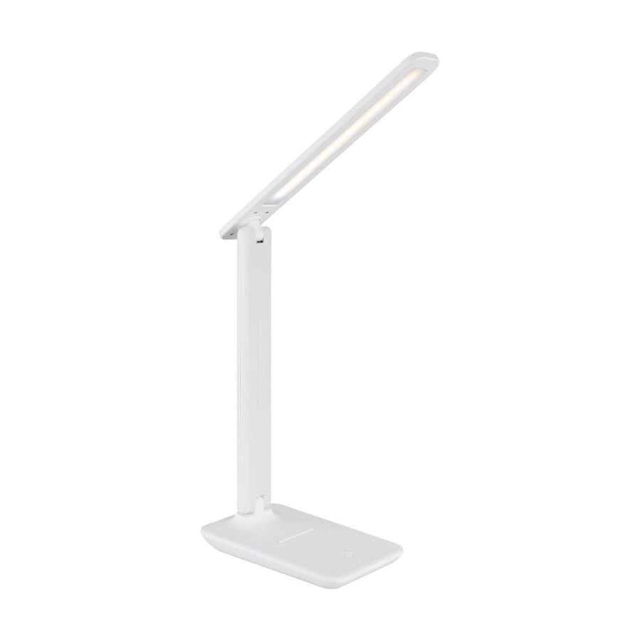 Lampe de bureau blanche vue de trois quarts, tête inclinée vers le haut