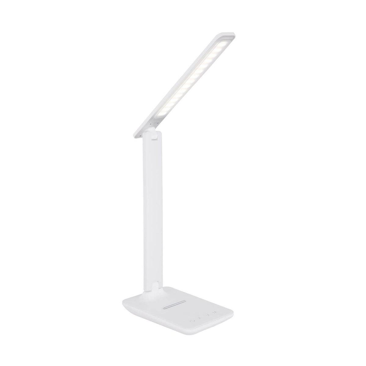Lampe de bureau blanche vue de trois quarts sur fond blanc neutre