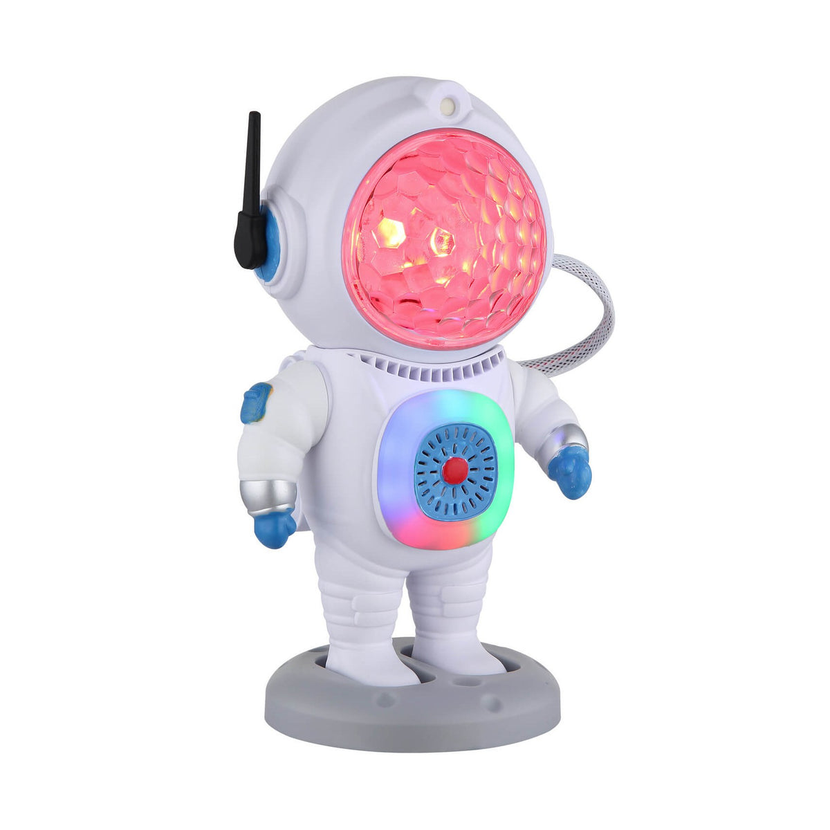 Lampe astronaute blanche sur socle, casque rouge allumé, vue de face.
