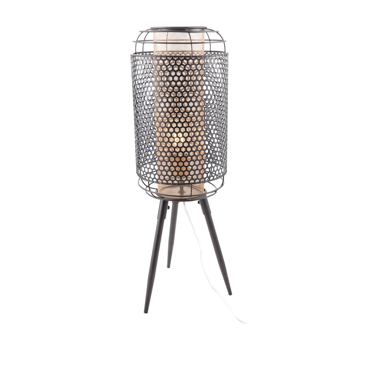 Lampe à poser noire mat à structure cylindrique ajourée et pieds tripodes fins