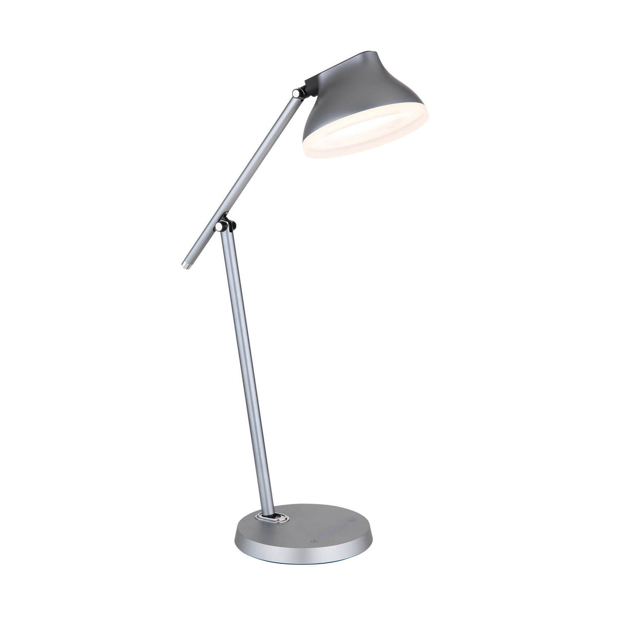 Lampe de bureau grise vue de face, bras articulé et abat-jour incliné