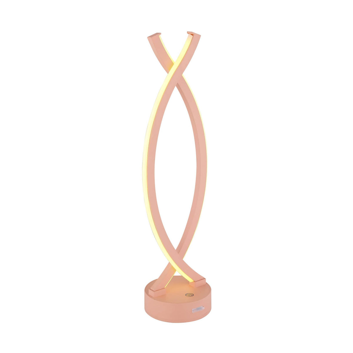 Lampe à poser rose pâle à deux arches croisées, vue de face sur fond blanc