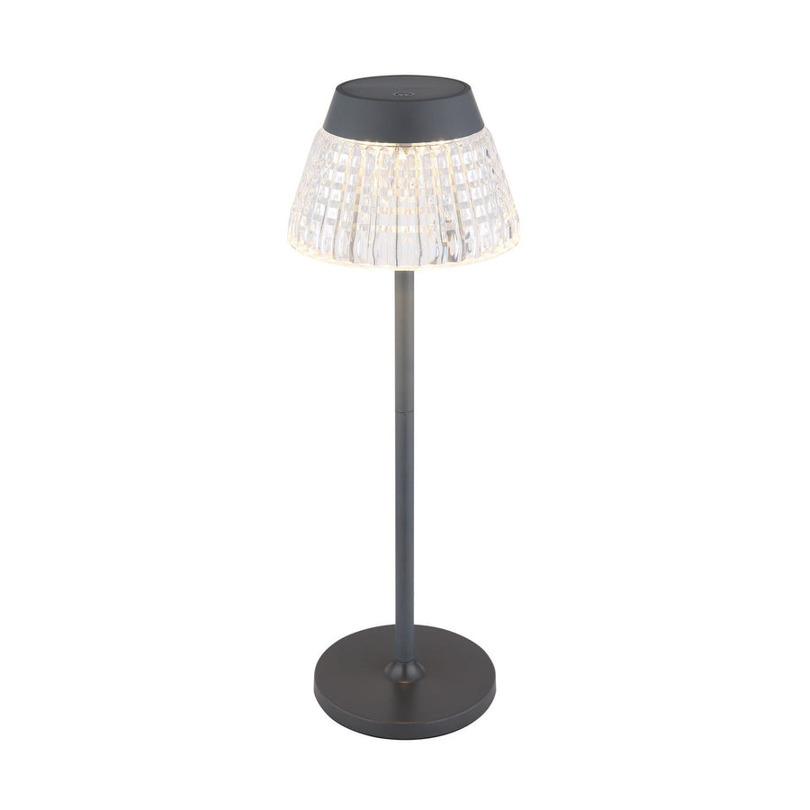 Lampe à poser anthracite, abat-jour transparent texturé, vue de face sur fond blanc.
